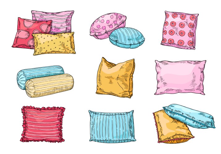 Sketch bed pillows with textile patterns doodle Vector Image