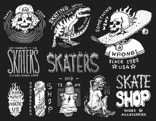 Dinosaur & Skeleton Skateboard Badges Vector Image