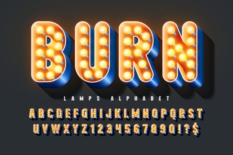 Retro cinema alphabet design cabaret warm lamps vector image