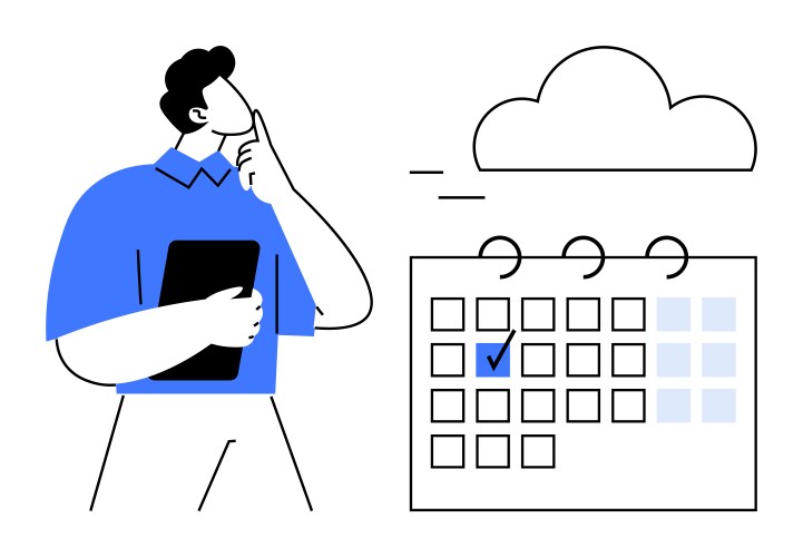 Man contemplating schedule with calendar and cloud vector image