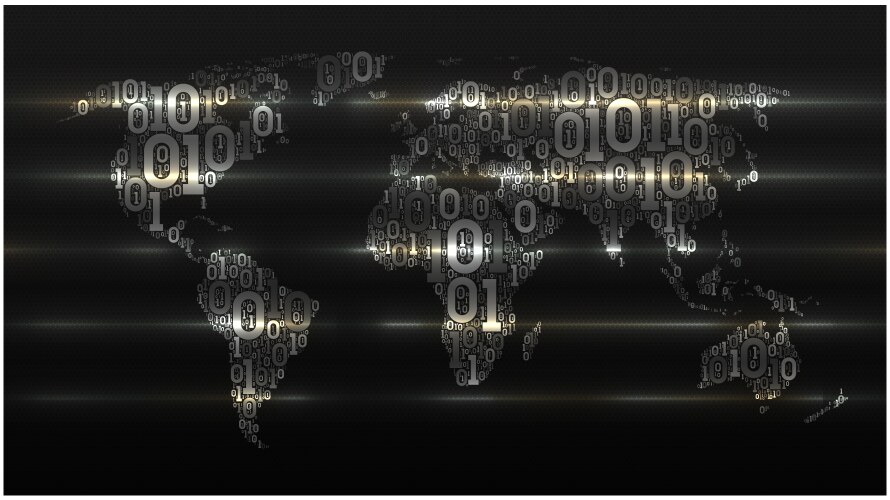 Binary code world map with continents on dark vector image