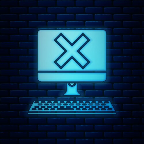 Glowing neon computer with keyboard and x mark vector image