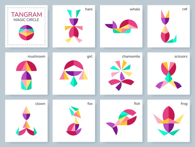Tangram puzzle set with various objects vector image