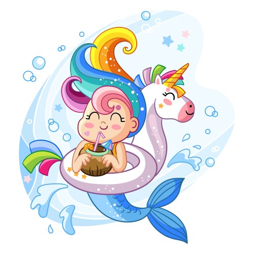 Kawaii Mermaid on Unicorn Float Vector Image