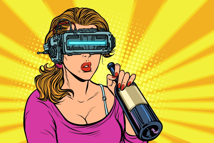 Woman Drinking Wine with VR Glasses Vector Image