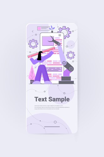 Developer with robotic hand creating mobile vector image