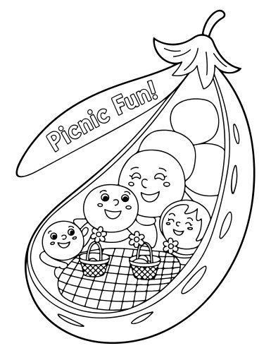 Pea pod with smiling characters having a picnic Vector Image