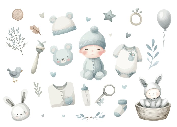 Set of cute watercolor baby shower cards clipart Vector Image