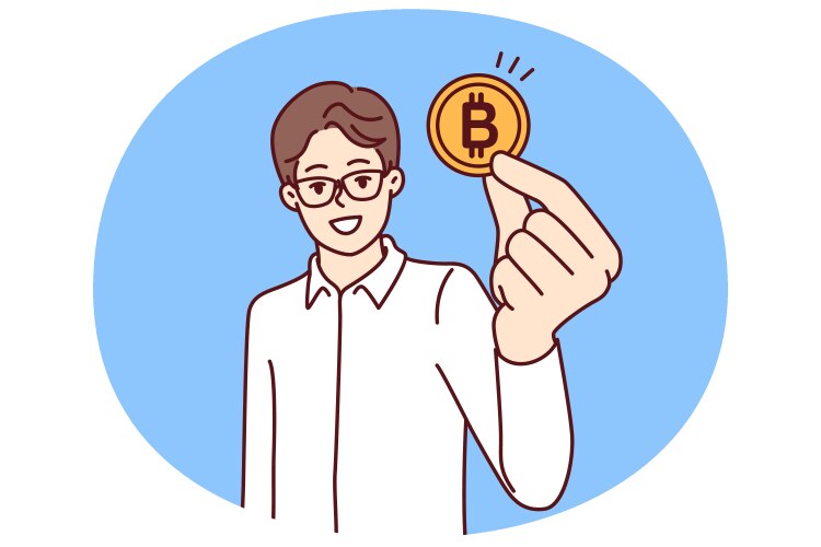 Man trader with bitcoin coin calls for mining vector image