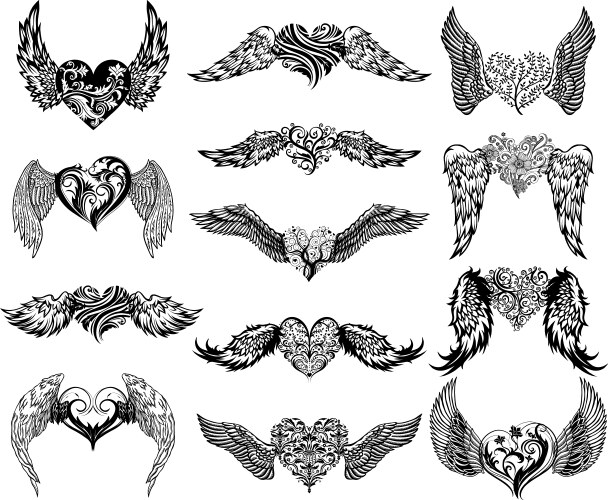 Heart & Wings Tattoo Set Vector Image