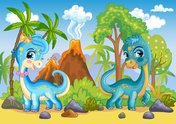 with cute diplodocus dinosaurs in nature vector image