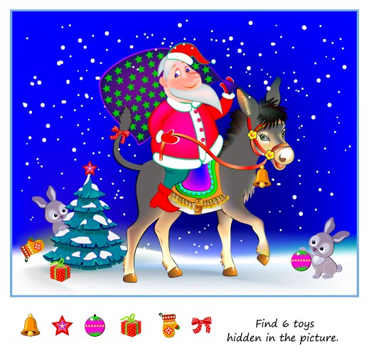 Christmas puzzle game for kids find 6 toys hidden vector image