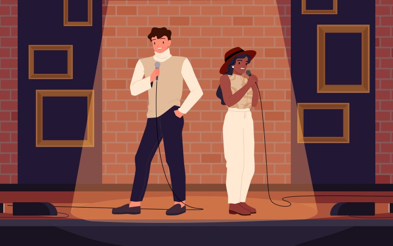 two talent artists standing on theater stage vector image vector image