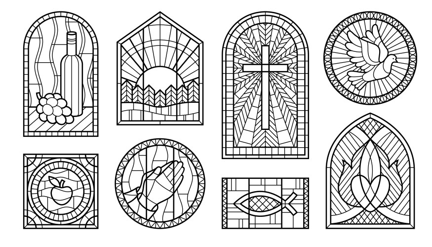 Stained glass windows monochrome line art set vector image