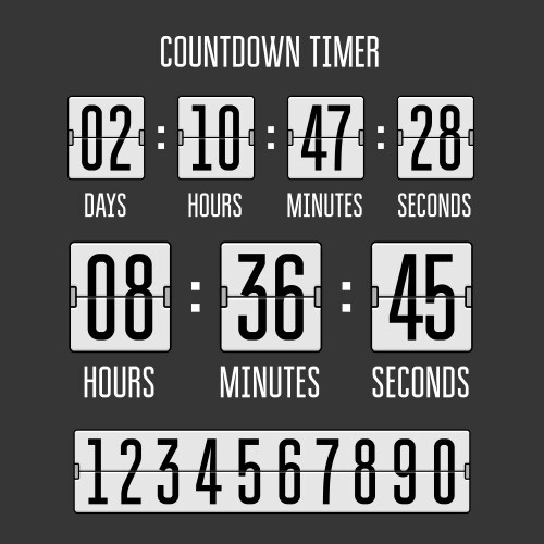Flip countdown clock counter timer on black vector image