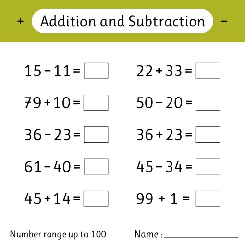 Addition and subtraction number range up to 100 vector image
