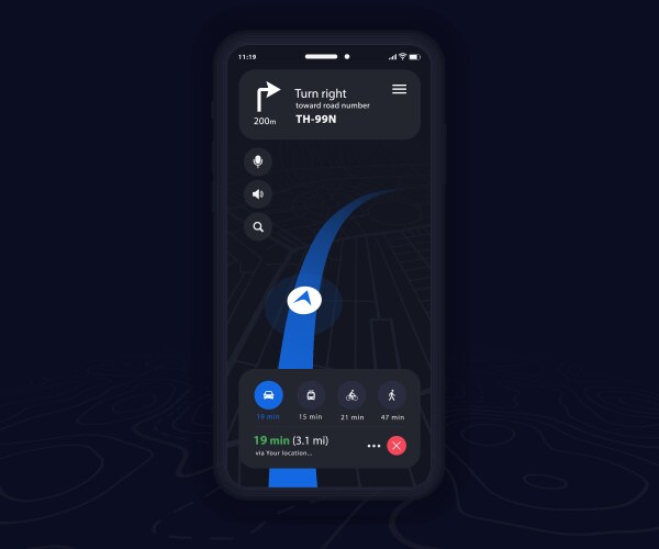 Smartphone map gps navigation 3d app dark mode ui vector image