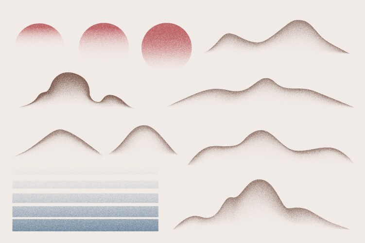 Grainy gradient mountains sun and sea set vector image