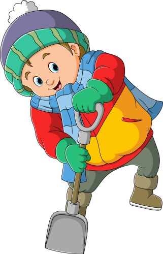 Builder boy is digging the ground with shovel Vector Image