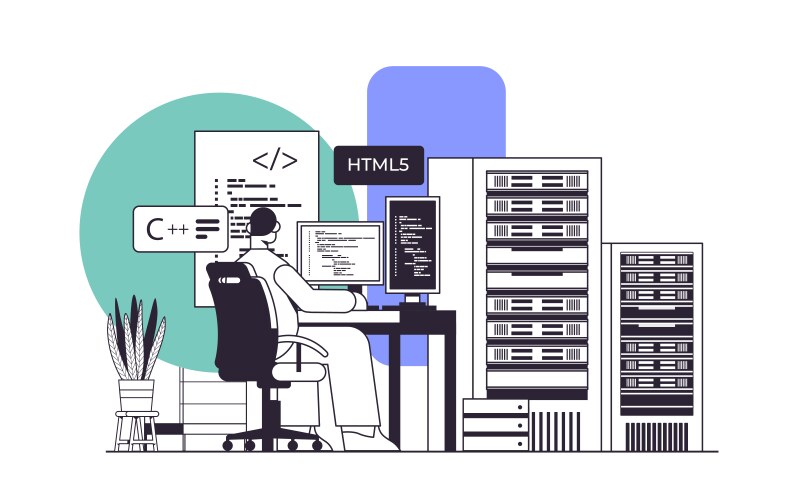 Web developer creating program code on computer vektorbild