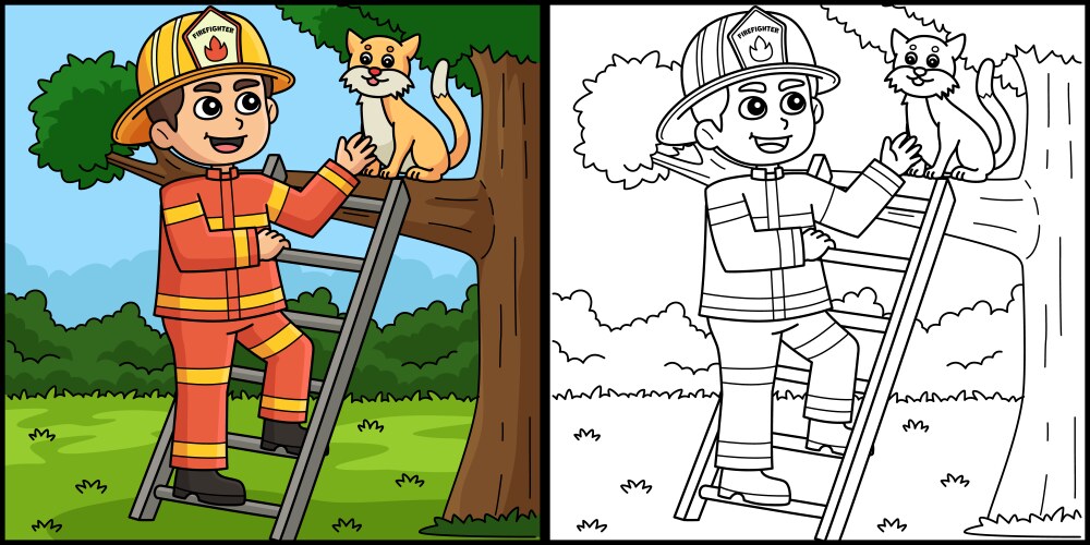 Firefighter poking roof coloring Royalty Free Vector Image