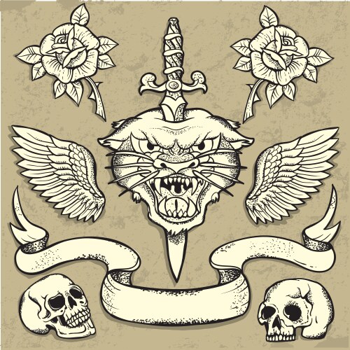 Old School Panther Tattoo Set Vector Image