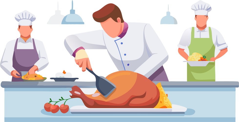 Chefs Preparing Roasted Turkey Vector Image