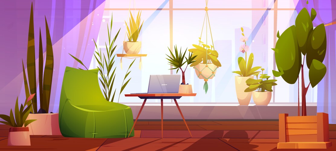 Comfort workplace with laptop and green plants vector image