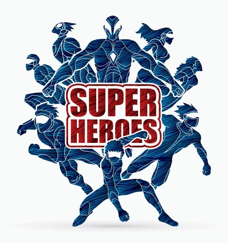 Group of super heroes action with text vector image