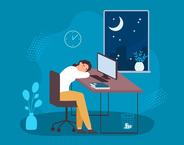 man work late at night hard working on workplace vector