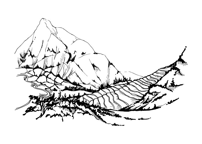 Hand drawn ink mountain landscape scenery Vector Image