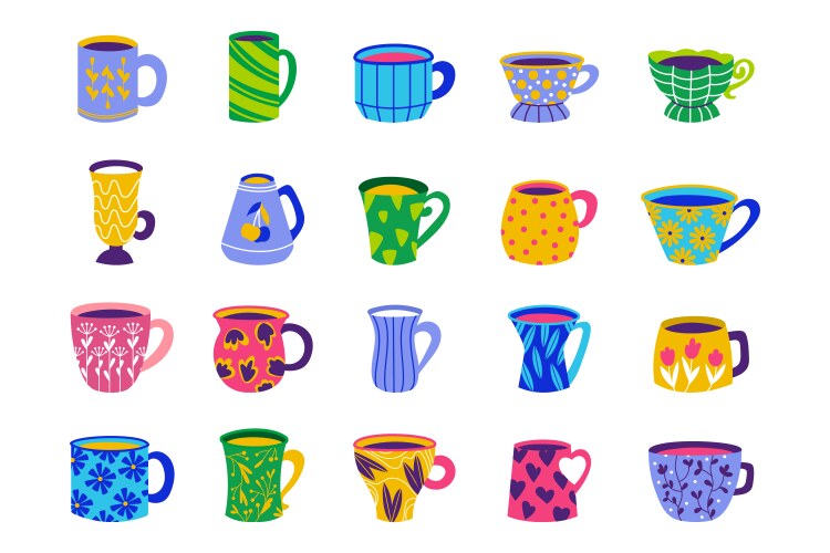 Tea cup and pot cute collection of cartoon mugs Vector Image