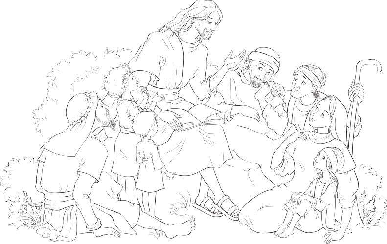 Jesus preaching to group people coloring page Vector Image