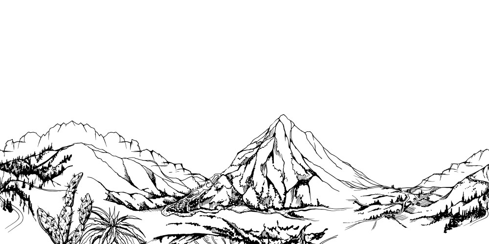 Hand drawn ink mountain landscape scenery Vector Image