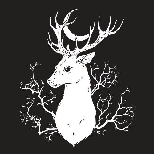 Hand drawn deer in the forest with crescent moon Vector Image