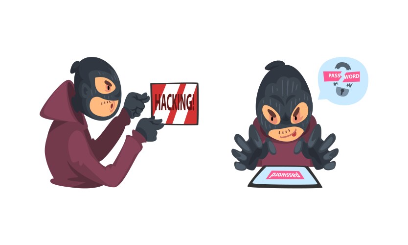 Hacker in black mask breaking password and mobile vector image