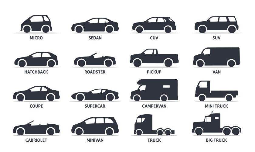 car type and model objects icons set automobile vector image