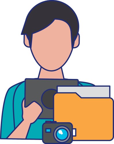 Man using tablet with documents and camera blue vector image