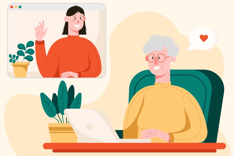 Happy grandma with laptop talking her vector image