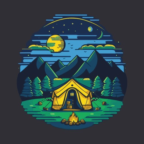 Camping tent with mountains forest for logo Vector Image
