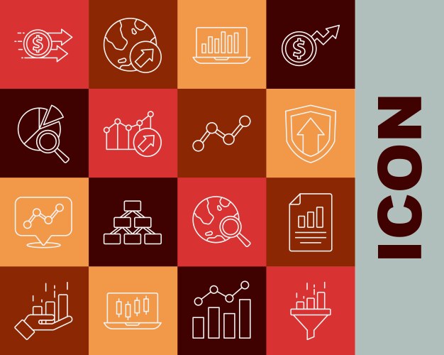 Set line sales funnel with chart document graph vector image
