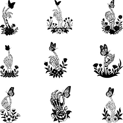 Floral Skeleton Hand with Butterfly Vector Image