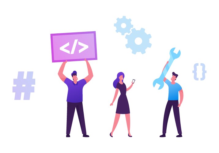 Programmers team working on computer at web site vector image