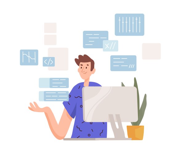 Thoughtful man working at computer programmer vector image