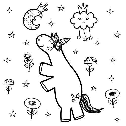 Cute unicorn and sleeping moon coloring page Vector Image