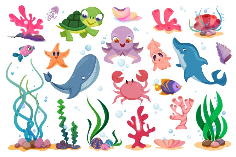 Flat cute underwater sea animals marine plants Vector Image