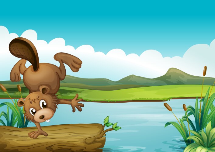 Cartoon Beaver Balancing on a Log Vector Image