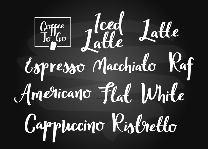 Coffee types calligraphic set handwritten vector image