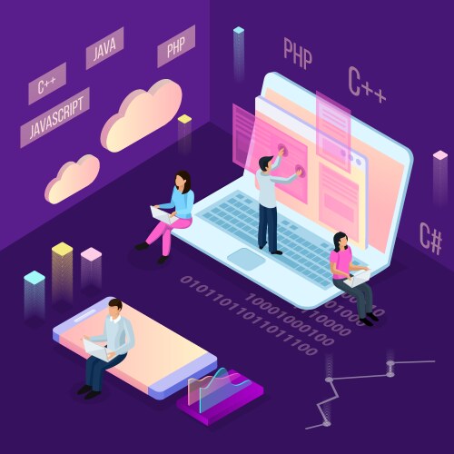 Laptop programming isometric composition vector image