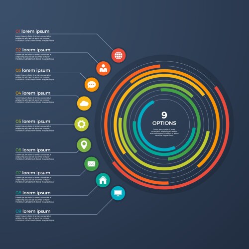 Circle chart infographic template with 9 options Vector Image